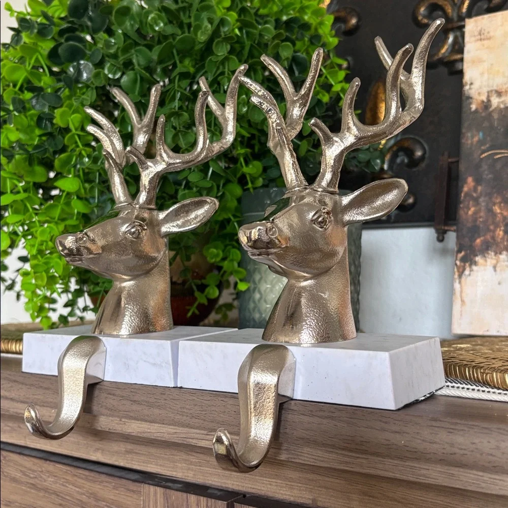 Crate & Barrel Silver Reindeer Bust Stocking Holders, Set Of 2